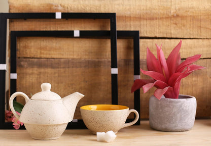 Caffeine Ceramic Handmade White Matte & Mustard 2 in1 Tea Pot (Set of 2, Kettle with Cup)
