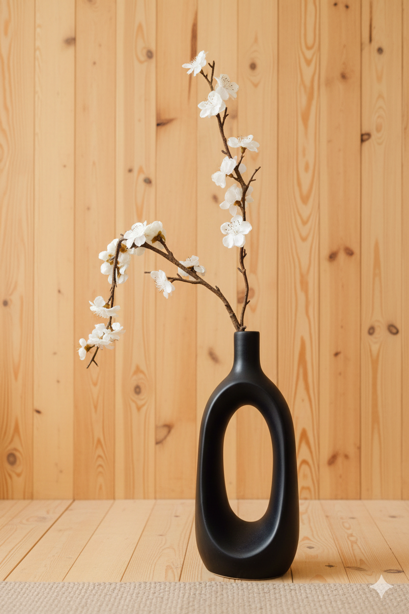 Black vase with white flowers against a wooden wall