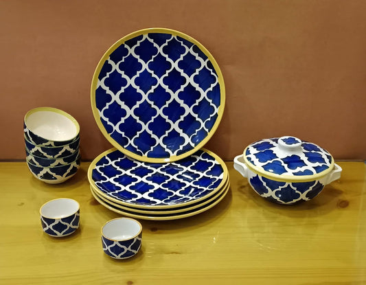 Caffeine Ceramic Handmade Blue Umrao Combo Dinner Set (set of 11 pcs)