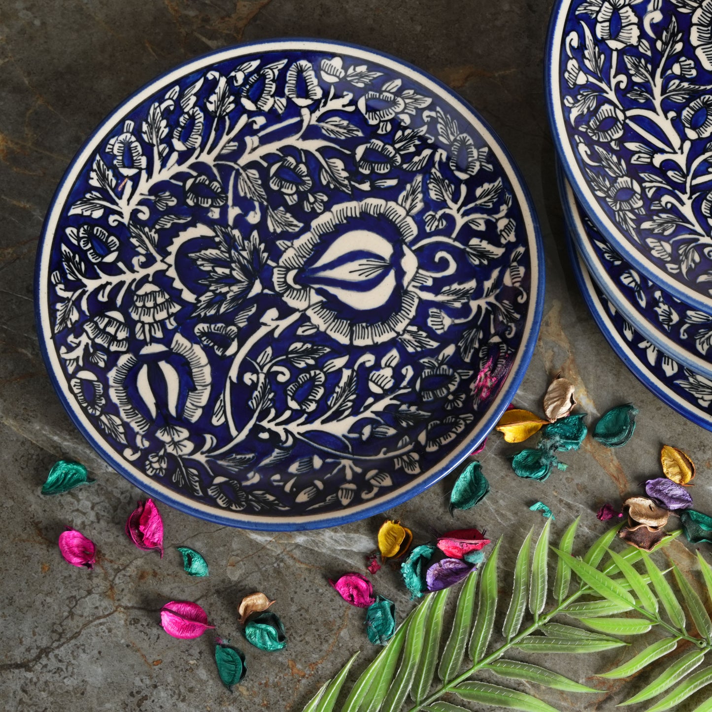 Caffeine Ceramic Handmade Stoneware Blue Mughal Dinner Plates set of 4 - Caffeine Premium Stoneware