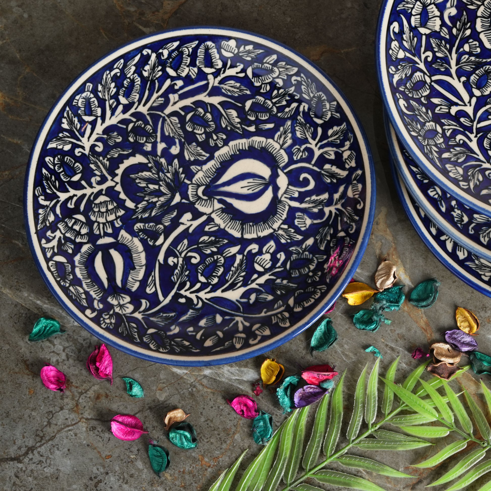 Caffeine Ceramic Handmade Stoneware Blue Mughal Dinner Plates set of 4 - Caffeine Premium Stoneware