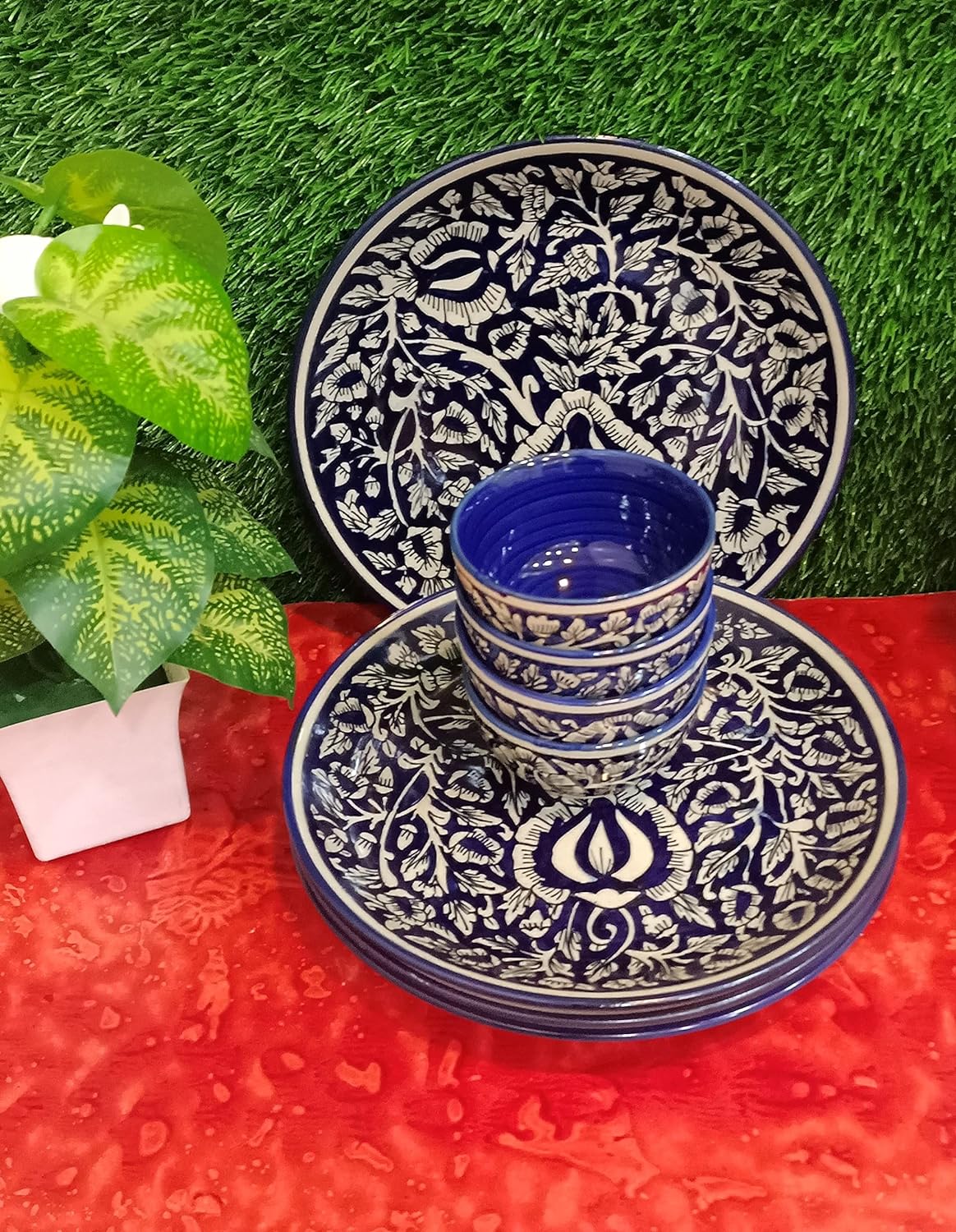 Caffeine Ceramic Stoneware Handmade Blue Mughal Combo Dinner Set of 8 . - Caffeine Premium Stoneware