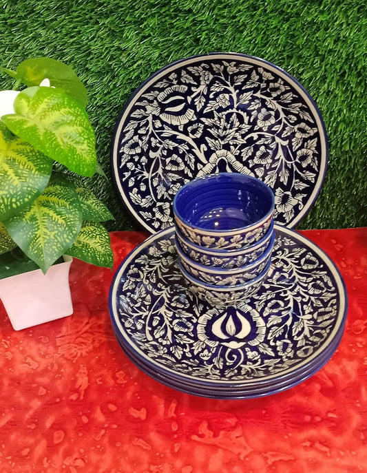 Caffeine Ceramic Stoneware Handmade Blue Mughal Combo Dinner Set of 8 . - Caffeine Premium Stoneware