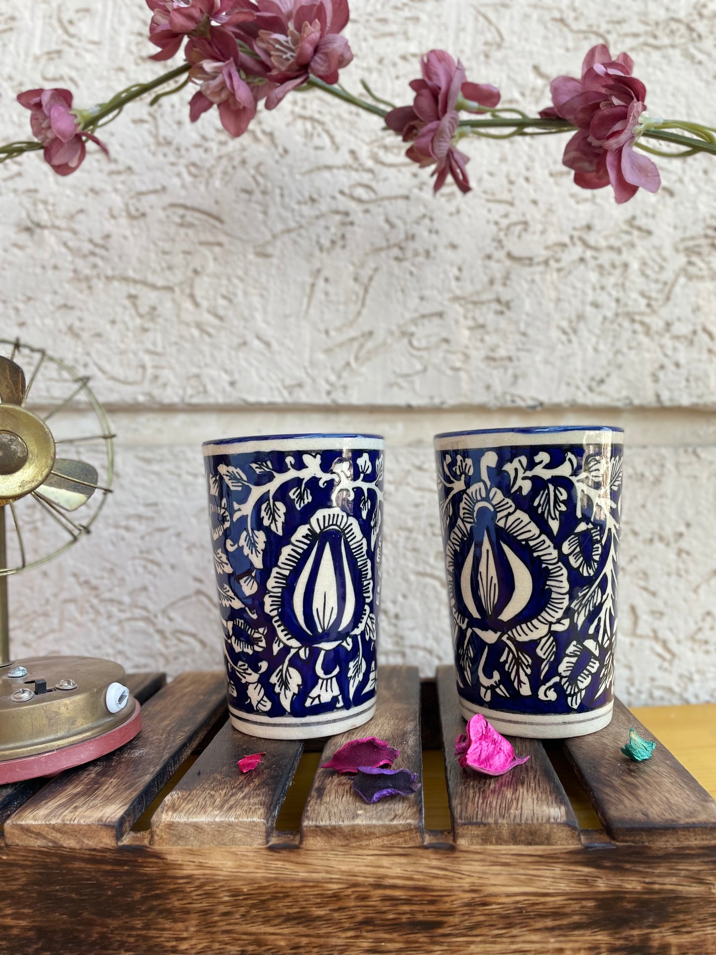 Caffeine Ceramic Handmade Blue Mughal Water Glass (Set of 4)