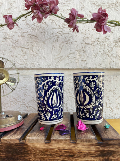 Caffeine Ceramic Handmade Blue Mughal Water Glass (Set of 4)