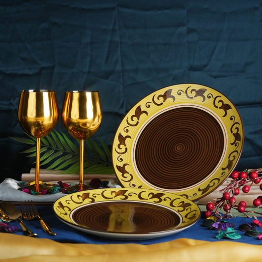 Caffeine Ceramic Handmade Brown & Yellow Leaf Dinner Plates 10 inch set of 2 - Caffeine Premium Stoneware