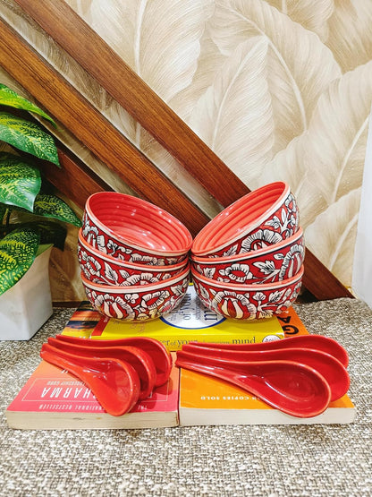Caffeine Ceramic Handmade Red Mughal Soup Bowl with spoon set of 6 - Caffeine Premium Stoneware
