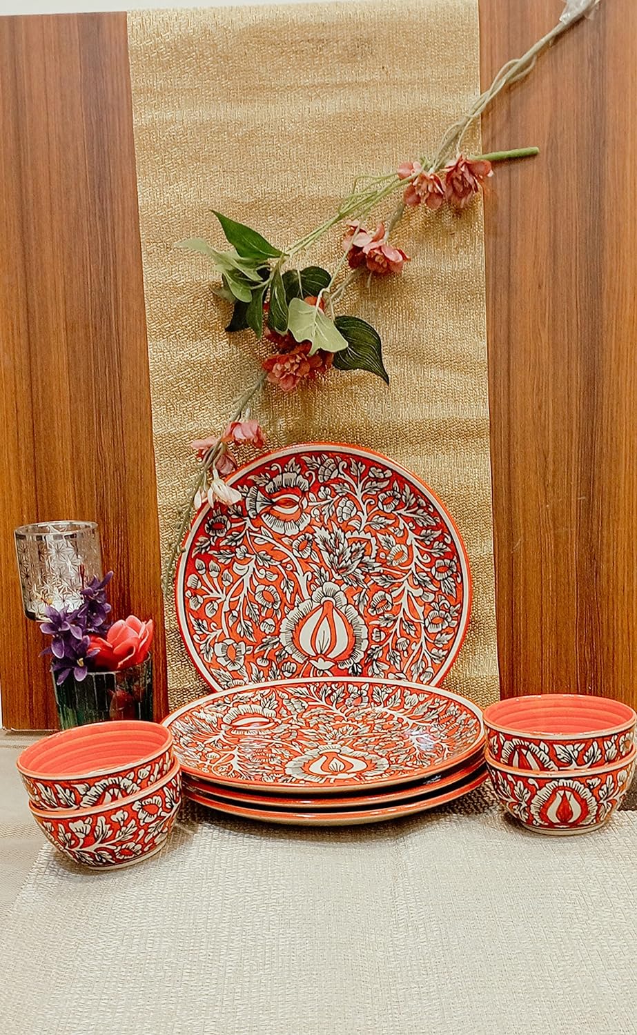 Caffeine Ceramic Stoneware Handmade Red Mughal Combo Dinner Set of 8 - Caffeine Premium Stoneware