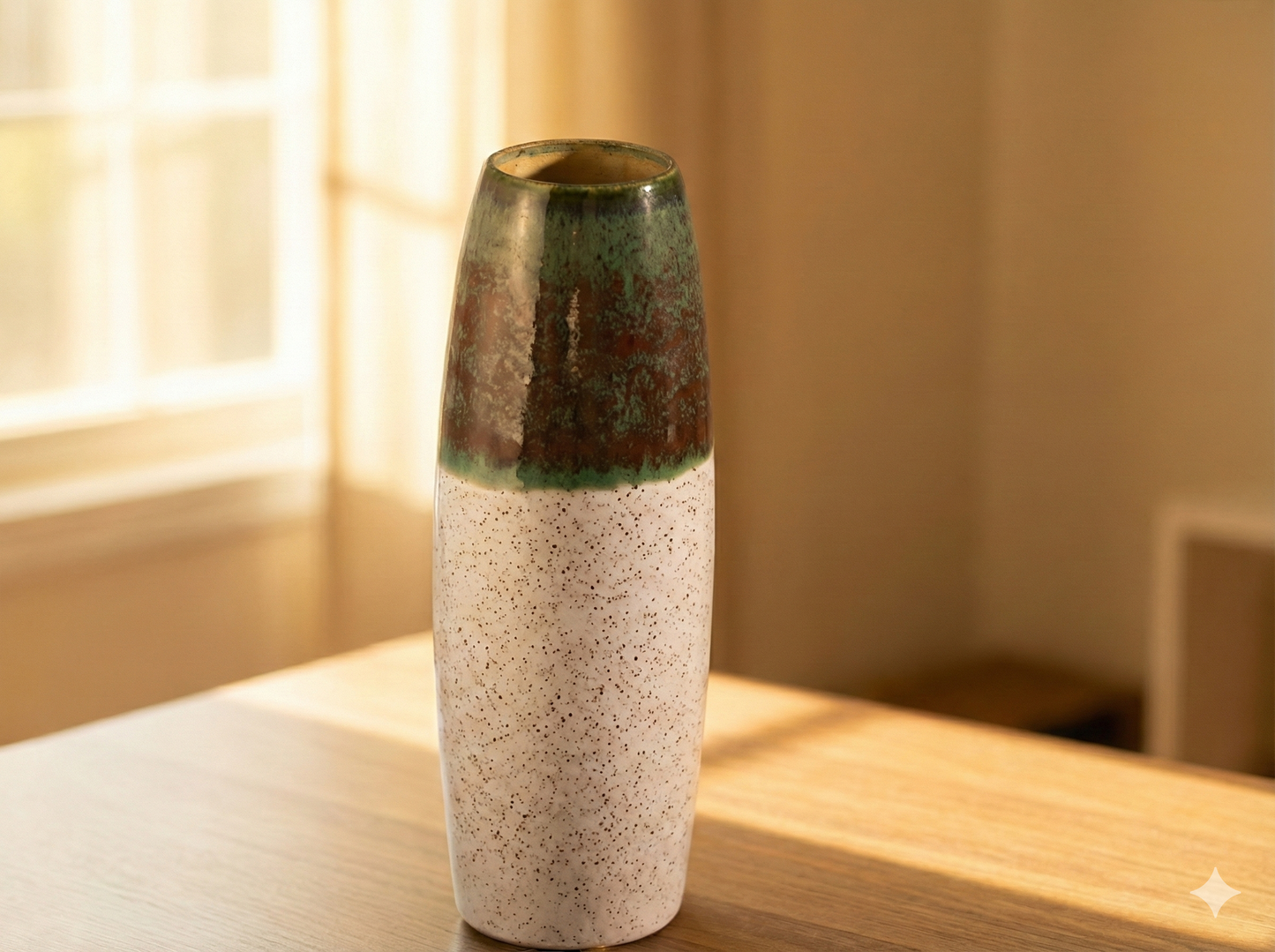 Ceramic vase with green and beige gradient on a wooden surface near a window.