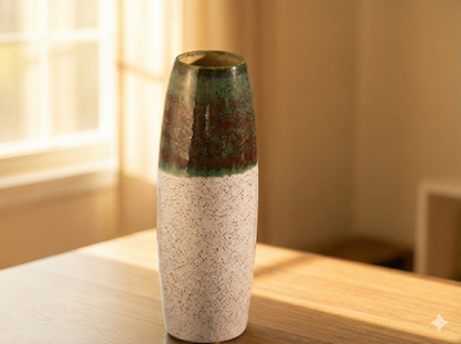 Ceramic vase with green and beige gradient on a wooden surface near a window.