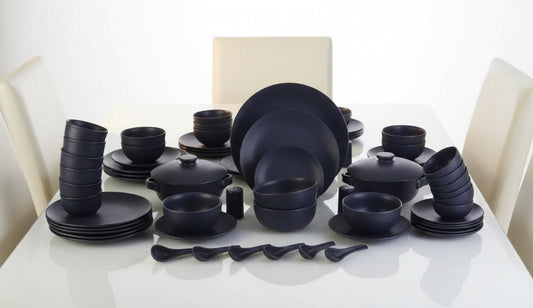 Caffeine Ceramic Handmade Dinnerware Set of 37 pieces, handcrafted in stoneware with food-safe colors, part of an unconventional and elegant dinnerware collection.