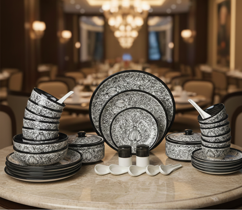 Caffeine ceramic handmade 37-piece stoneware dinnerware set with handcrafted Peru design in food-safe colors.