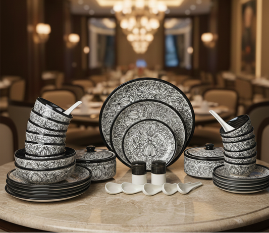 Caffeine ceramic handmade 37-piece stoneware dinnerware set with handcrafted Peru design in food-safe colors.