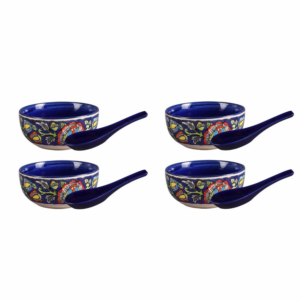 Caffeine_Ceramic_Handmade_Blue_Jaipuri_Soup_Bowl_with_Spoon_Set_4 - Caffeine Premium Ceramic
