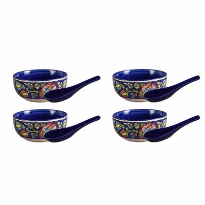 Caffeine_Ceramic_Handmade_Blue_Jaipuri_Soup_Bowl_with_Spoon_Set_4 - Caffeine Premium Ceramic