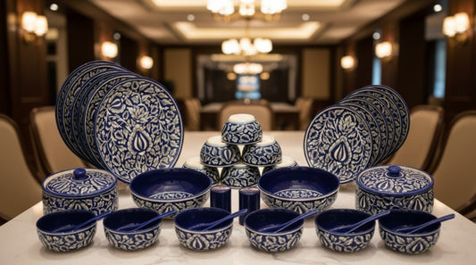 Caffeine Ceramic Handmade Dinnerware Set of 37 pieces, handcrafted in stoneware with food-safe colors, featuring manually sculpted 150-year-old Mughal design, inspired by royalty and dignity.