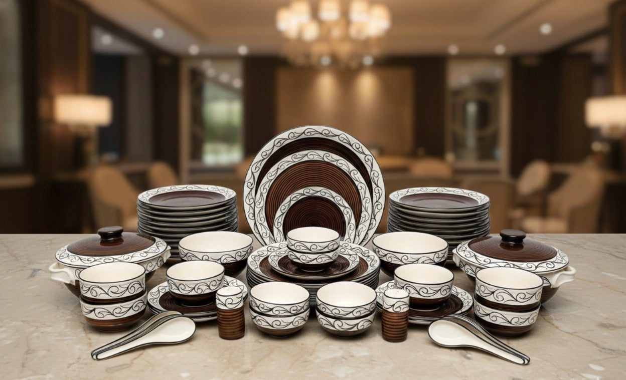 Caffeine ceramic handmade 37-piece stoneware dinnerware set with food-safe colors.