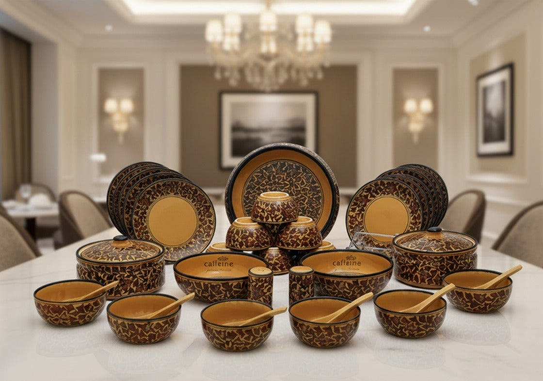 Caffeine Ceramic Handmade Dinnerware Set of 37 pieces, handcrafted in stoneware with food-safe colors, part of an unconventional and elegant dinnerware range.