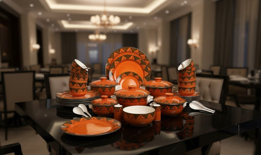 Caffeine Ceramic Handmade Dinnerware Set of 37 pieces, handcrafted in stoneware with food-safe colors, part of an unconventional and elegant dinnerware collection.