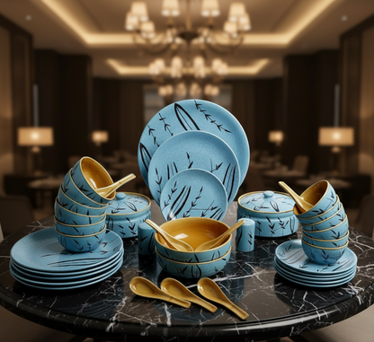 Caffeine ceramic handmade 37-piece stoneware dinnerware set with handcrafted bamboo design in food-safe colors