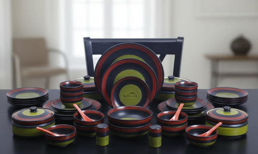 Caffeine Ceramic Handmade Dinnerware Set of 37 pieces, handcrafted in stoneware with food-safe colors, part of an unconventional and elegant dinnerware collection.