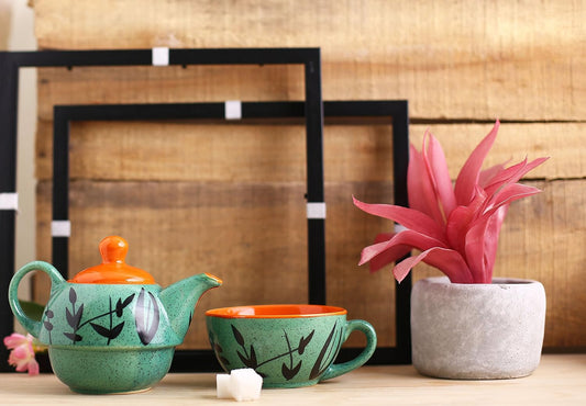 Caffeine Ceramic Handmade Green & Orange Bamboo 2 in1 Tea Pot (Set of 1, Single Kettle with Cup)