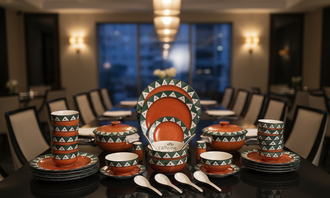 Caffeine Ceramic Handmade Dinnerware Set of 37 pieces, crafted in stoneware with food-safe colors, featuring an unconventional and elegant design.