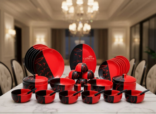 “Caffeine Ceramic Handmade Dinnerware Set of 37 pieces, handcrafted in stoneware with food-safe colors, featuring an unconventional and elegant design.