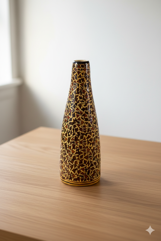 Decorative bottle with leopard print design on a wooden surface