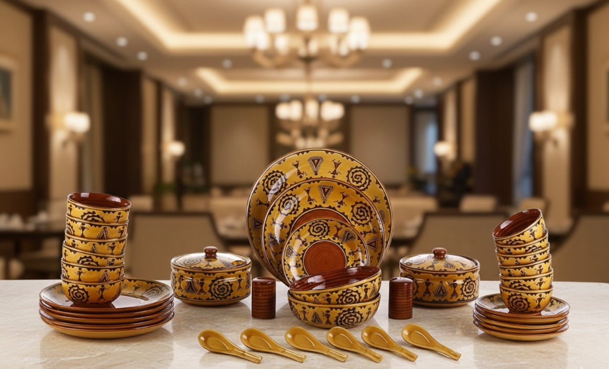 Caffeine ceramic handmade 37-piece stoneware dinner set with handcrafted Romani design in food-safe colors.