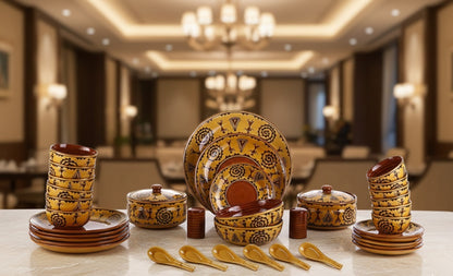 Caffeine ceramic handmade 37-piece stoneware dinner set with handcrafted Romani design in food-safe colors.