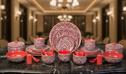 Caffeine ceramic handmade 37-piece stoneware dinnerware set with handcrafted Mughal design in food-safe colors.