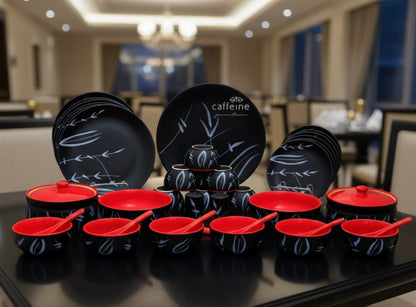 Caffeine Ceramic Handmade Dinnerware Set of 37 pieces, handcrafted in stoneware with food-safe colors, featuring an unconventional and elegant design.