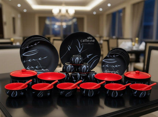 Caffeine Ceramic Handmade Dinnerware Set of 37 pieces, handcrafted in stoneware with food-safe colors, featuring an unconventional and elegant design.