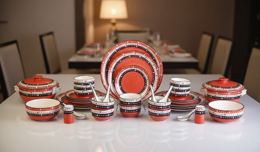 Caffeine Ceramic Handmade Dinnerware Set of 37 pieces, crafted in stoneware with food-safe colors, part of an unconventional and elegant dinnerware range.