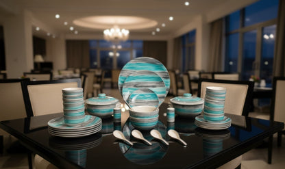 Caffeine Ceramic Handmade Dinnerware Set of 37 pieces, handcrafted in stoneware with food-safe colors, part of an unconventional and elegant dinnerware collection.