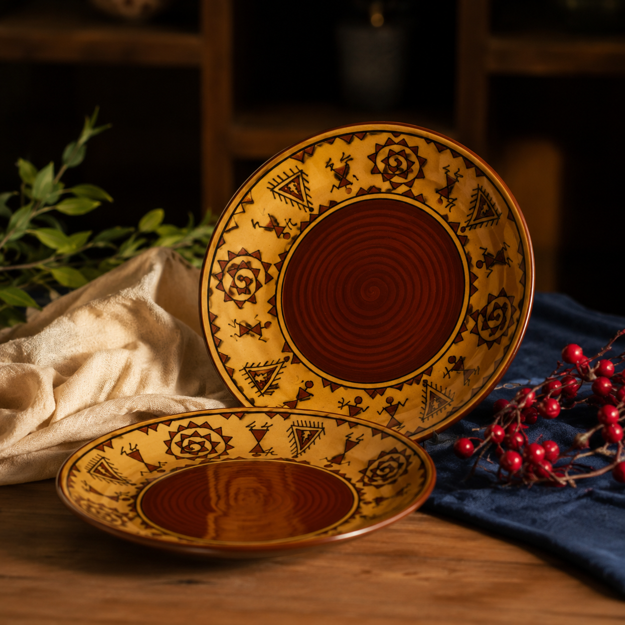 Caffeine Ceramic Handmade Mustard Romani Dinner Set (24 pcs.)