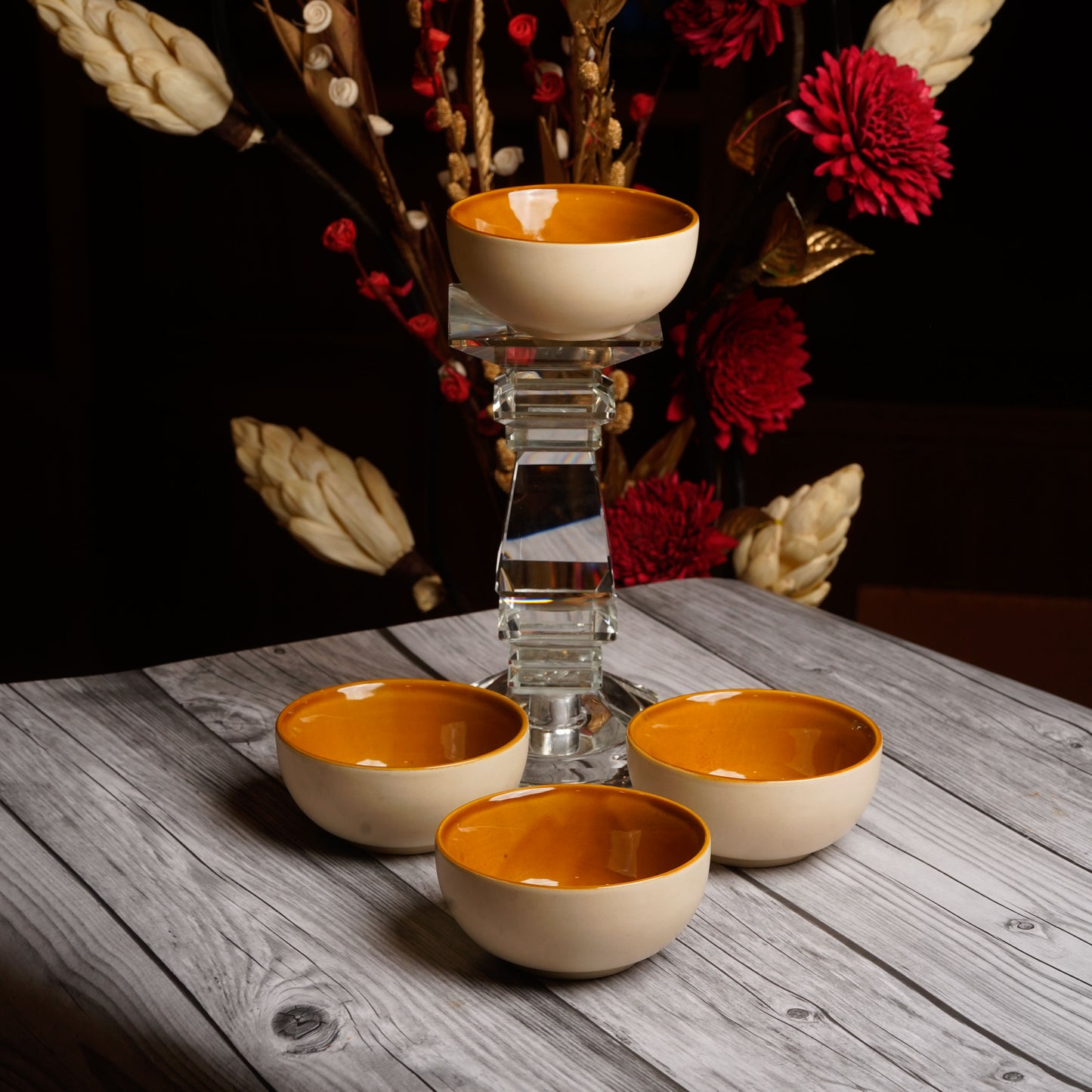 Caffeine Ceramic Handmade White & Mustard katori Bowl (Set of 6) - Caffeine Premium Stoneware