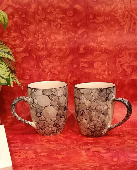Caffeine Ceramic Handmade White and Dark Grey Printed Coffee Mug (Set of 2) - Caffeine Premium Stoneware