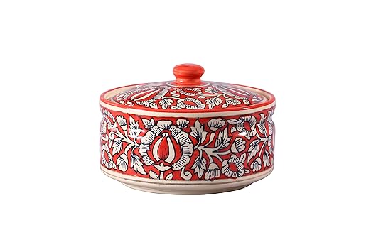 Caffeine Ceramic Handmade Red Mughal Serving Casserole (Set of 1, Medium)