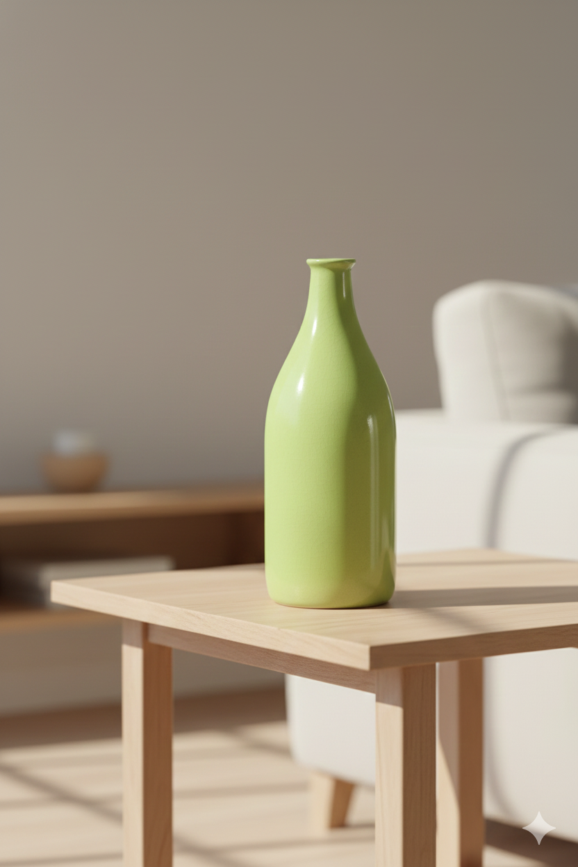 Green vase on a wooden table with a neutral background