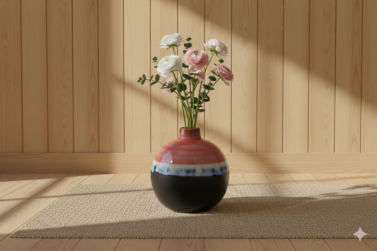 Decorative vase with flowers on a wooden floor