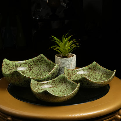 Caffeine Ceramic Handmade Green Crackle Art Serving Bowl (Set of 3) - Caffeine Premium Stoneware