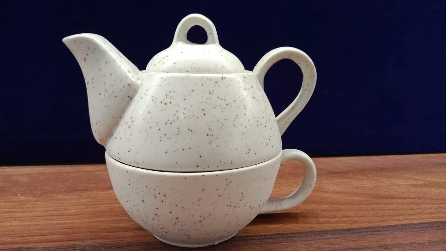 Caffeine Ceramic Handmade White Matte 2 in 1 Tea Pot (Single Kettle with Cup)