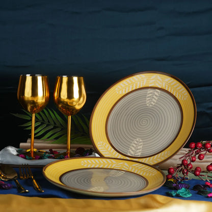 Caffeine Ceramic Handmade Yellow Leaf Combo Dinner Set (4 pcs.)