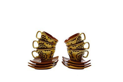 Caffeine Ceramic Handmade Mustard Romani Printed Tea Sets (Set of 15 pcs) - Caffeine Premium Stoneware