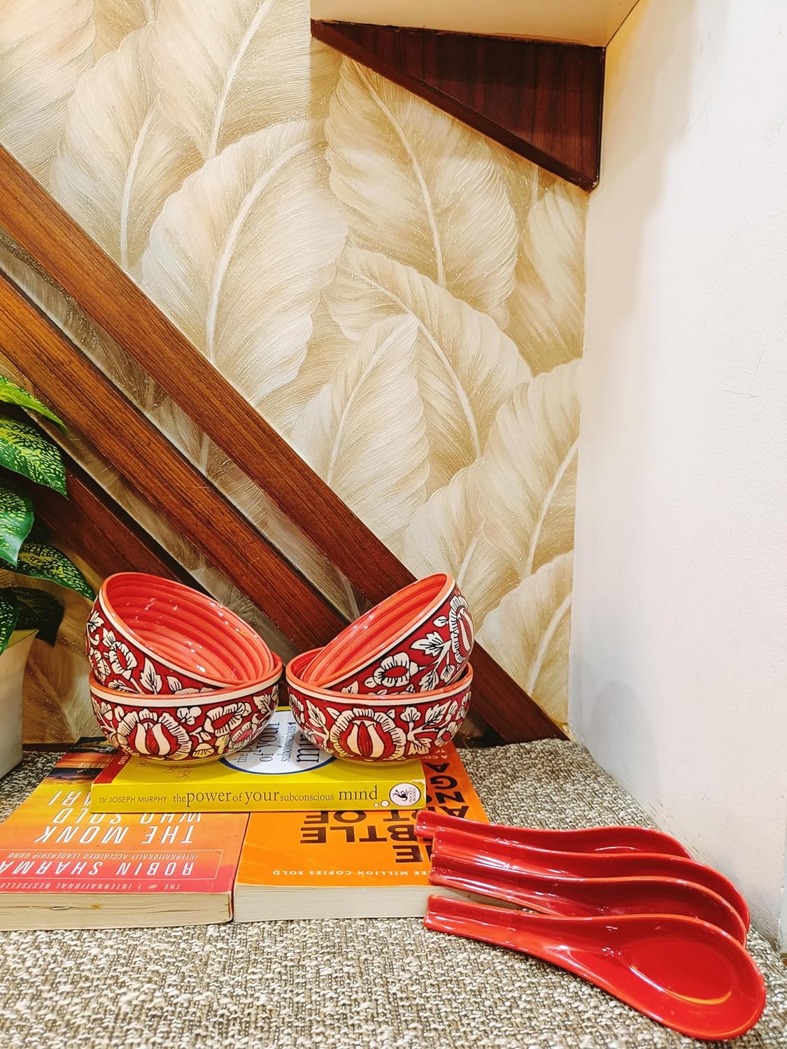 Caffeine Ceramic Handmade Red Mughal Soup Bowl with spoon set of 6 - Caffeine Premium Stoneware