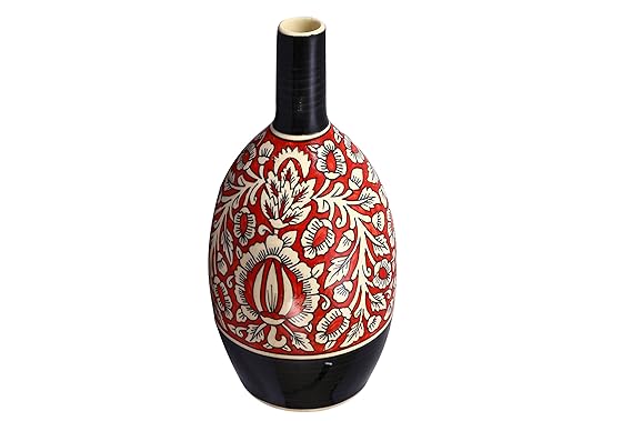 Caffeine Ceramic Handmade Black and Red Mughal Oval Shape Vase (1 Pc)
