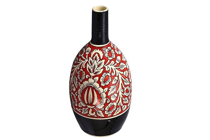 Caffeine Ceramic Handmade Black and Red Mughal Oval Shape Vase (1 Pc)
