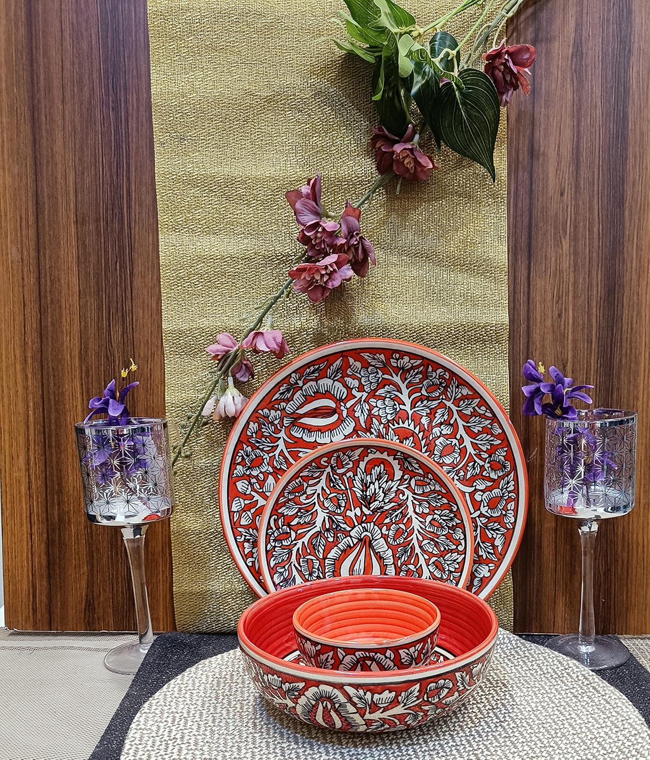 Caffeine Ceramic Handmade Red Mughal Combo Dinner Set (Set of 4pcs)